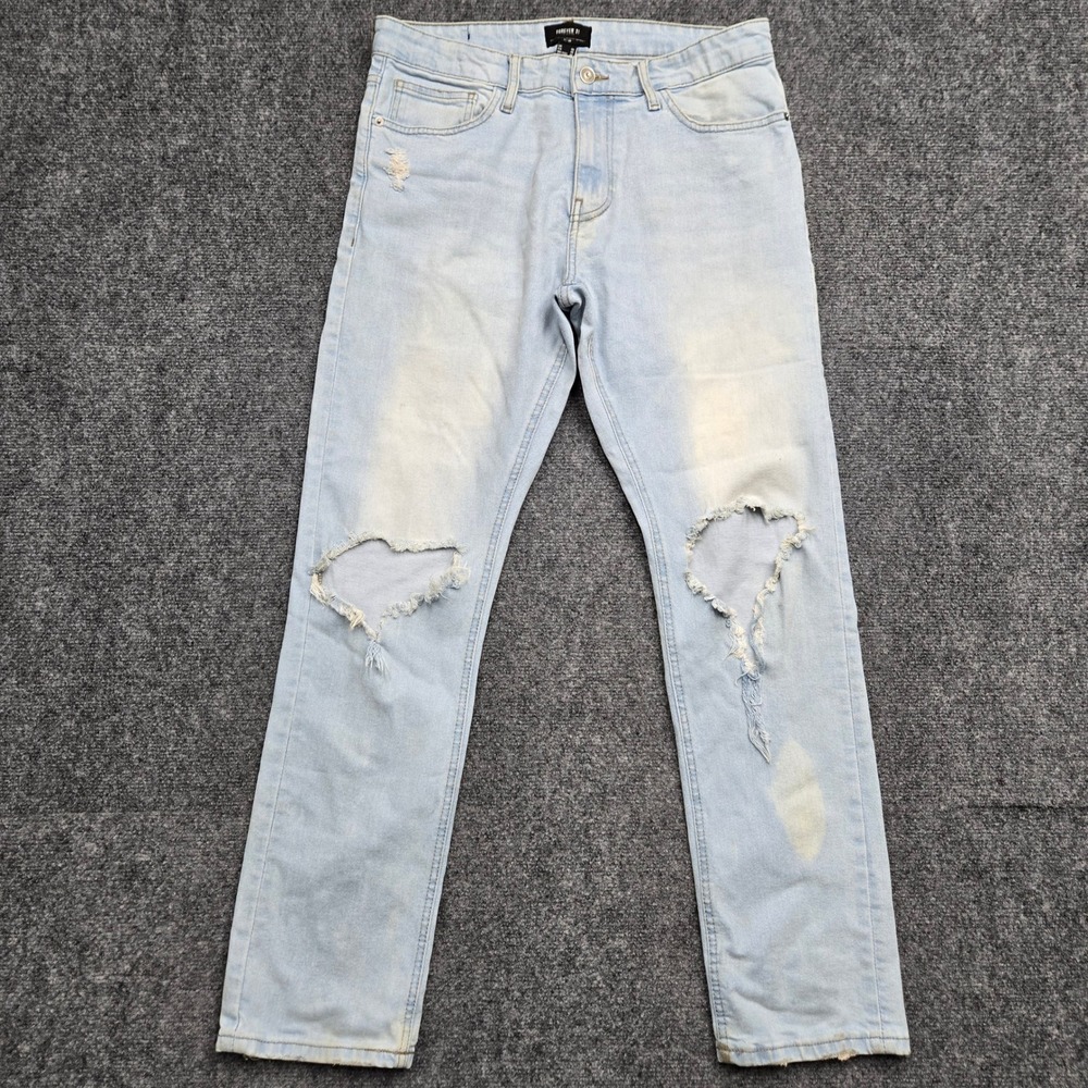 Forever 21 Mens Slim Fit Distressed Light Wash Blue Denim Jeans Size 30